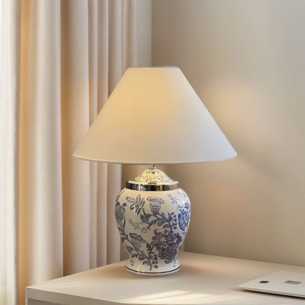 Baiyeco (Porcelain Heritage) Table Lamp - Blue-and-White Ceramic Base Iron Arm Fabric Shade Universal Plug