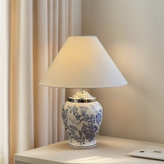Baiyeco (Porcelain Heritage) Table Lamp - Blue-and-White Ceramic Base Iron Arm Fabric Shade Universal Plug