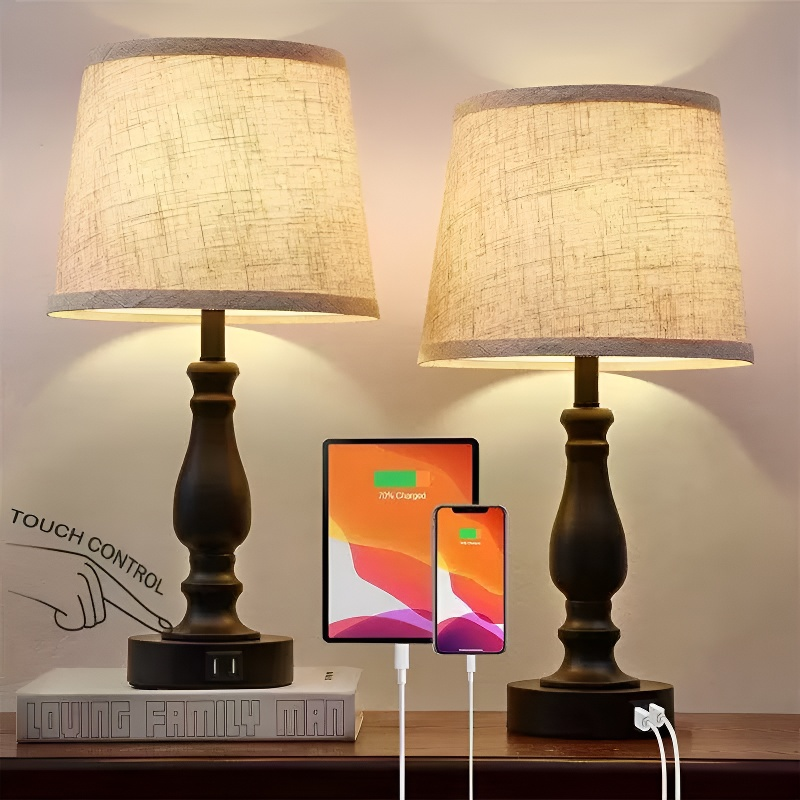 Baiyeco (Modern Series) Table Lamp - Touch Control Iron Desk Light with USB-C Charging Port & Fabric Shade Universal Plug