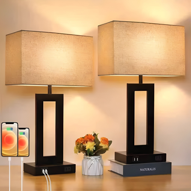 Baiyeco (Smart Charge) Desk Lamp - Dual Power Plug-in/USB-C Iron Base Bulb Light Touch Sensor Cloth Shade Worldwide Use