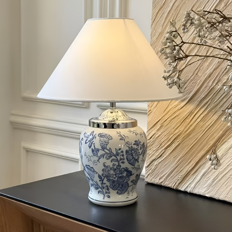 Baiyeco (Porcelain Heritage) Table Lamp - Blue-and-White Ceramic Base Iron Arm Fabric Shade Universal Plug
