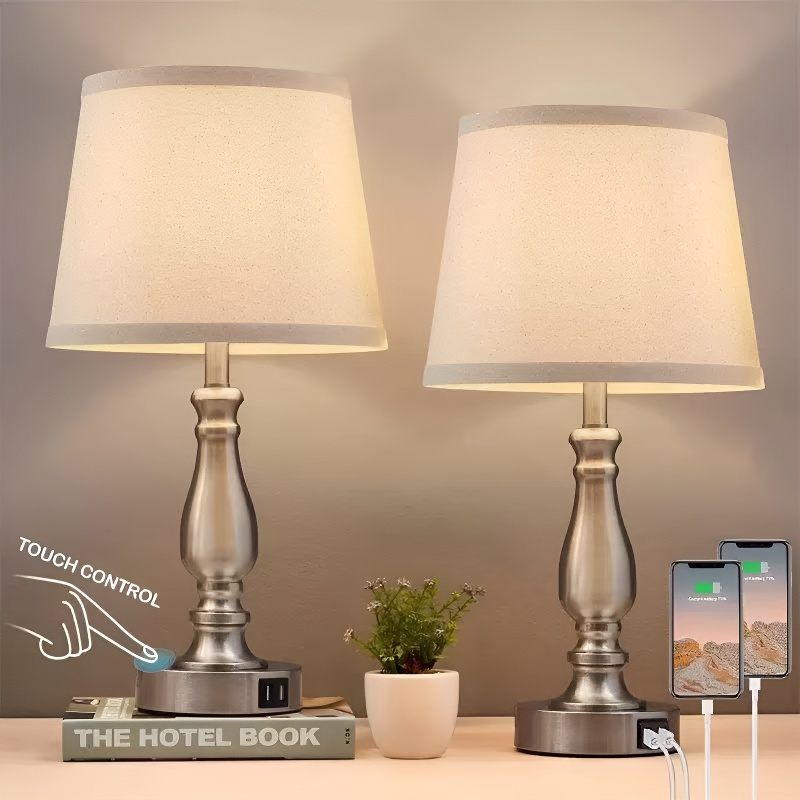 Baiyeco (Modern Series) Table Lamp - Touch Control Iron Desk Light with USB-C Charging Port & Fabric Shade Universal Plug