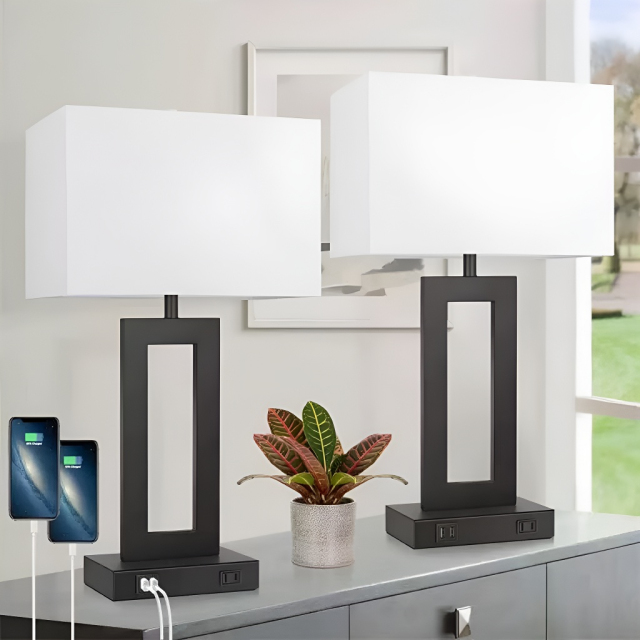 Baiyeco (Smart Charge) Desk Lamp - Dual Power Plug-in/USB-C Iron Base Bulb Light Touch Sensor Cloth Shade Worldwide Use