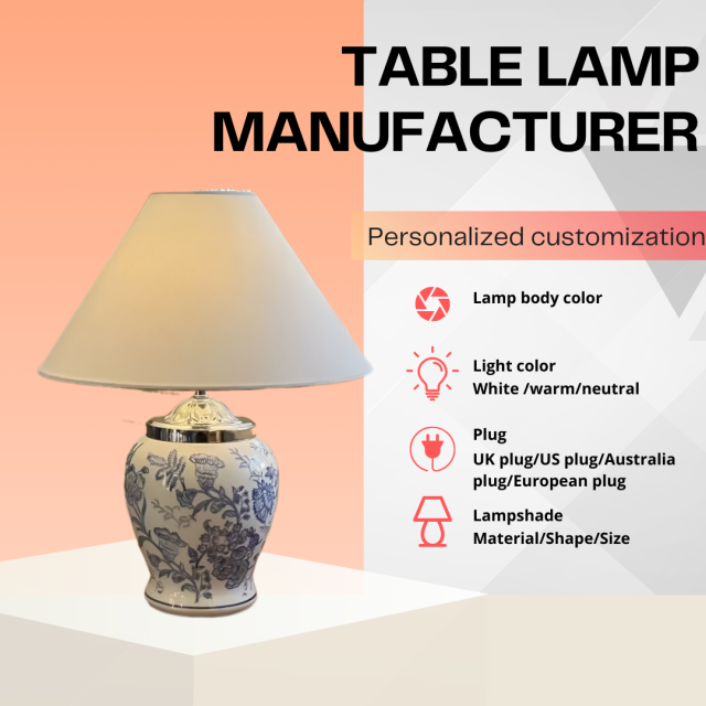 Baiyeco (Porcelain Heritage) Table Lamp - Blue-and-White Ceramic Base Iron Arm Fabric Shade Universal Plug