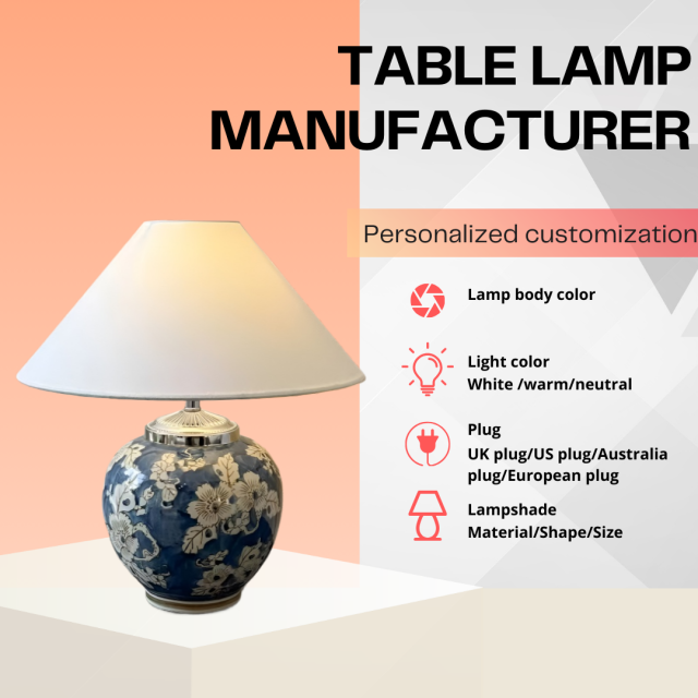 Baiyeco (Blue Willow Series) Schreibtischlampe – handbemalte Keramik, Eisenstruktur, Stoffschirm, weltweiter Steckeradapter