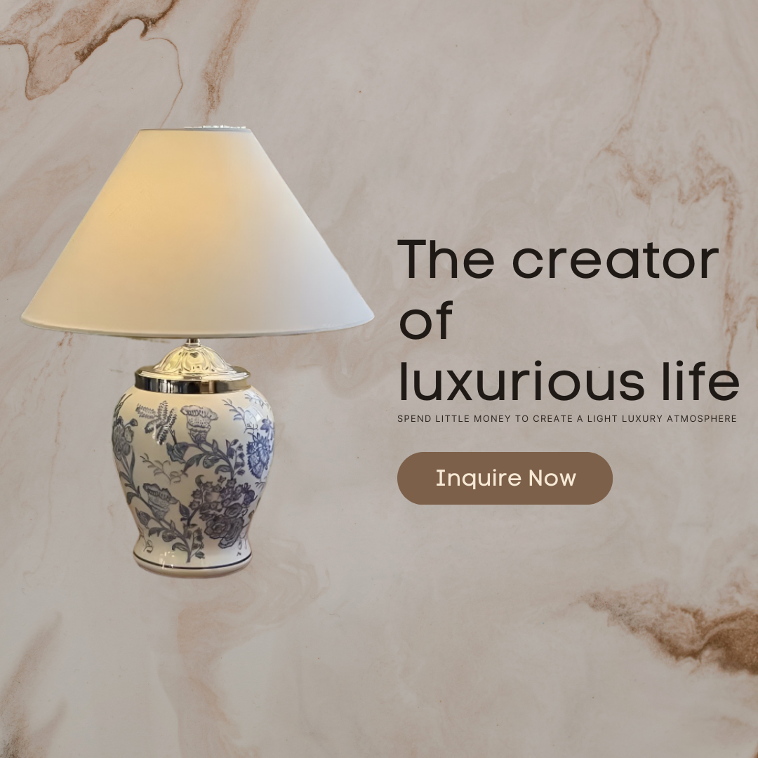 Baiyeco (Porcelain Heritage) Table Lamp - Blue-and-White Ceramic Base Iron Arm Fabric Shade Universal Plug