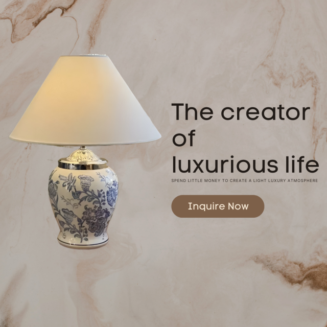 Baiyeco (Porcelain Heritage) Table Lamp - Blue-and-White Ceramic Base Iron Arm Fabric Shade Universal Plug