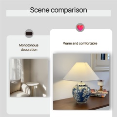 Baiyeco (Blue Willow Series) Schreibtischlampe – handbemalte Keramik, Eisenstruktur, Stoffschirm, weltweiter Steckeradapter