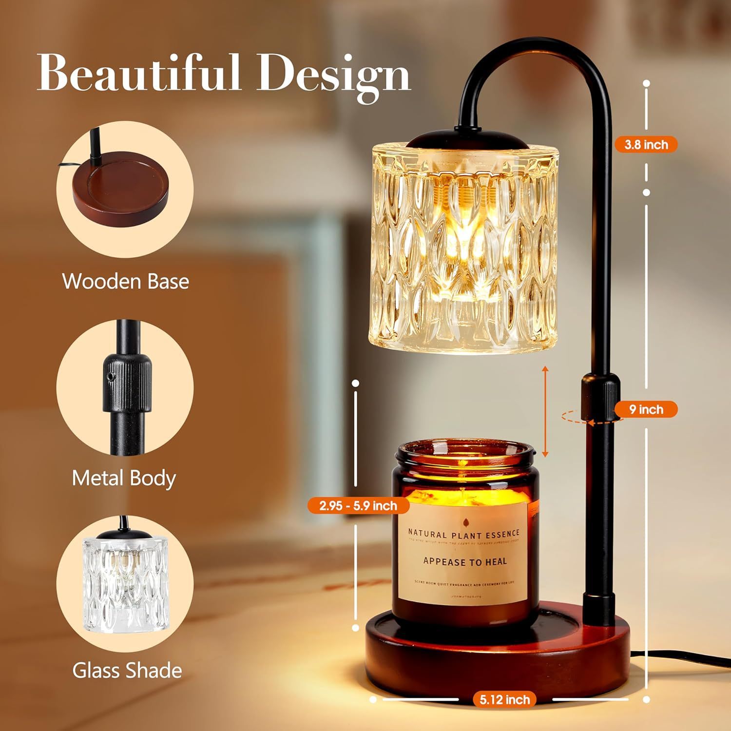 Baiyeco (Natural Series) Fragrance Lamp - Wood Frame Glass Shade Iron Accents USB Power Bulb Compatible