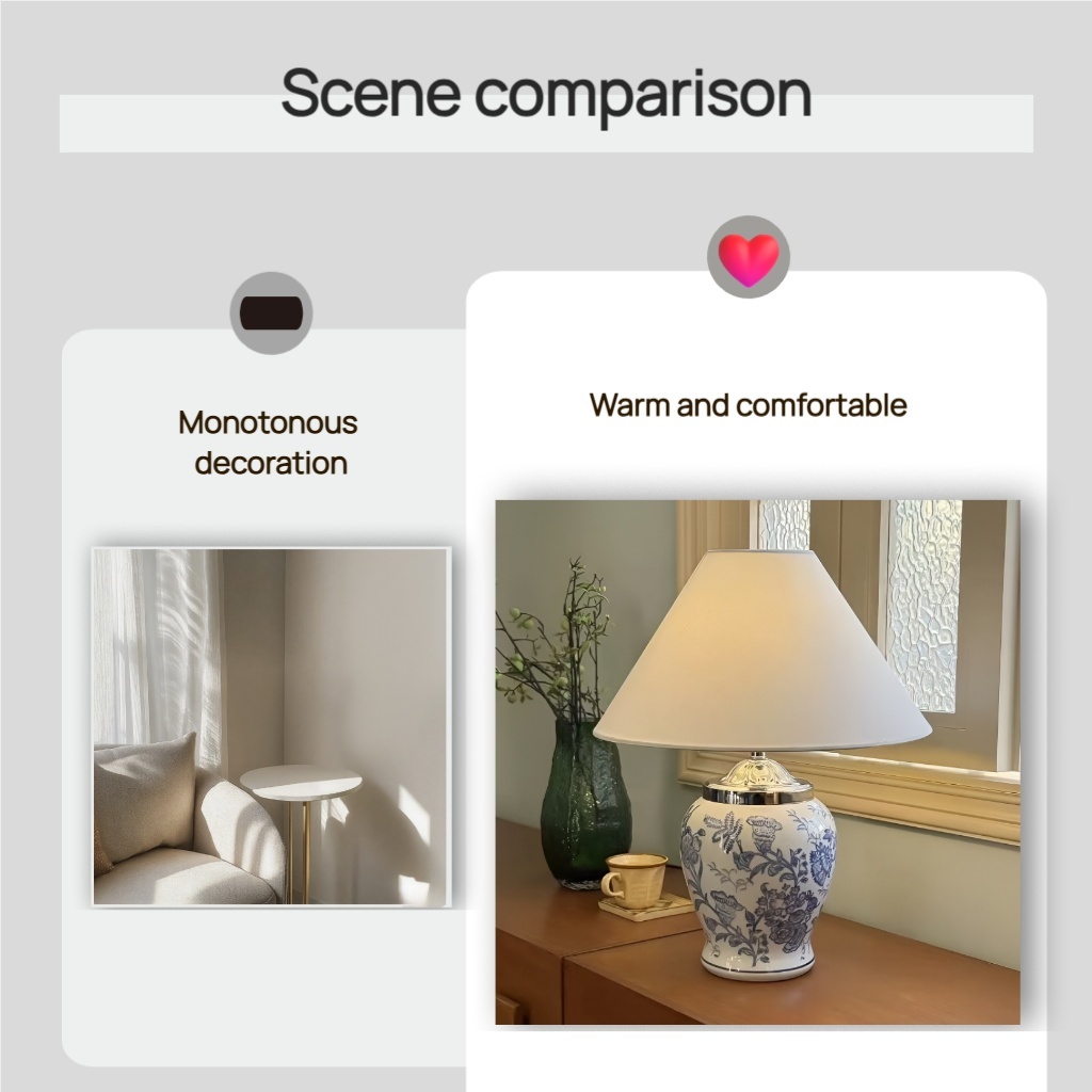 Baiyeco (Porcelain Heritage) Table Lamp - Blue-and-White Ceramic Base Iron Arm Fabric Shade Universal Plug
