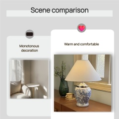 Baiyeco (Porcelain Heritage) Table Lamp - Blue-and-White Ceramic Base Iron Arm Fabric Shade Universal Plug