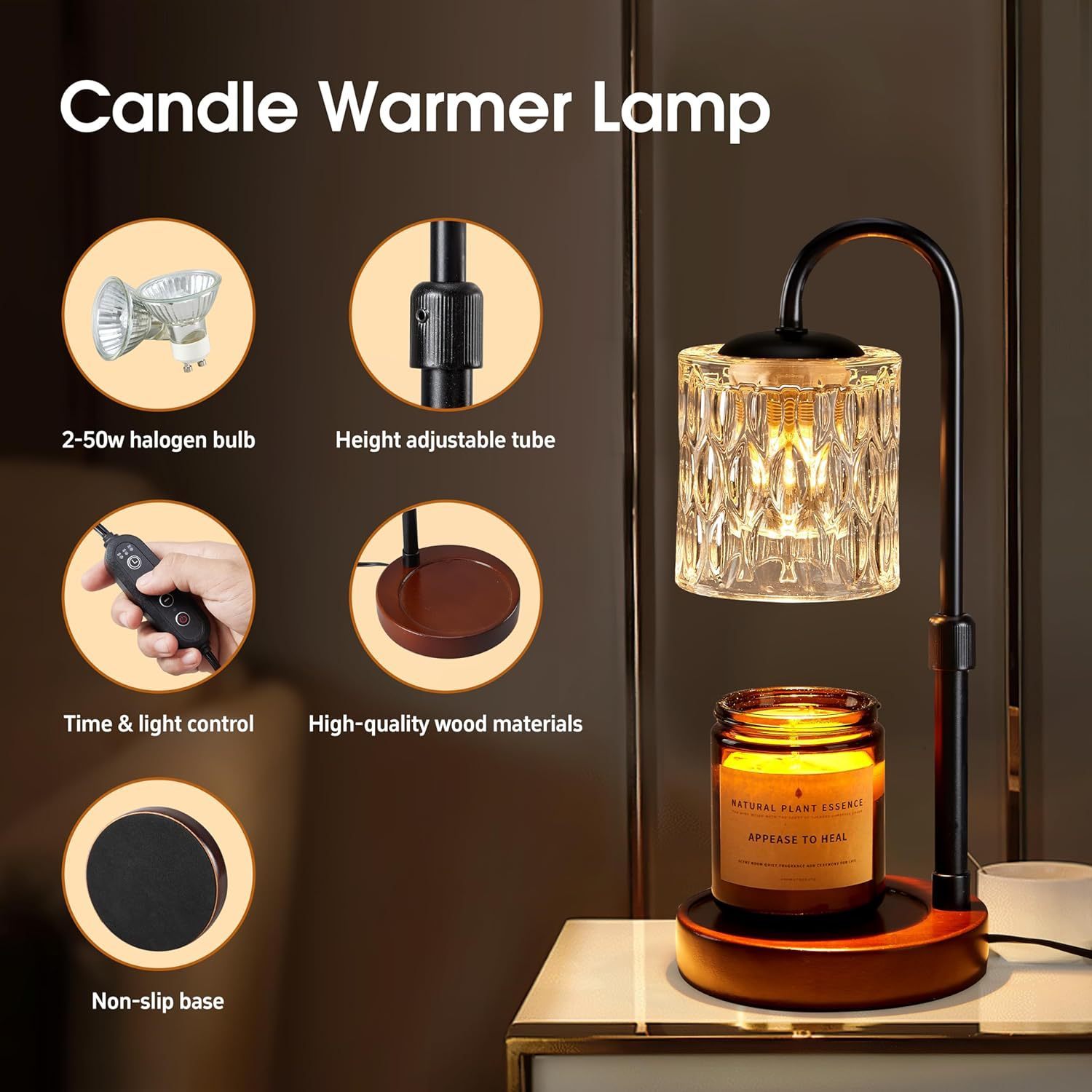 Baiyeco (Natural Series) Fragrance Lamp - Wood Frame Glass Shade Iron Accents USB Power Bulb Compatible