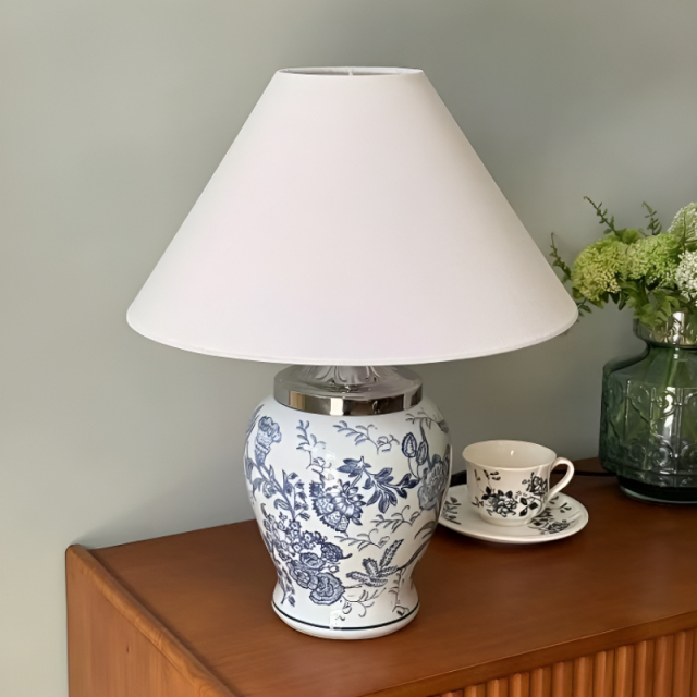 Baiyeco (Porcelain Heritage) Table Lamp - Blue-and-White Ceramic Base Iron Arm Fabric Shade Universal Plug