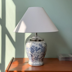 Baiyeco (Porcelain Heritage) Table Lamp - Blue-and-White Ceramic Base Iron Arm Fabric Shade Universal Plug