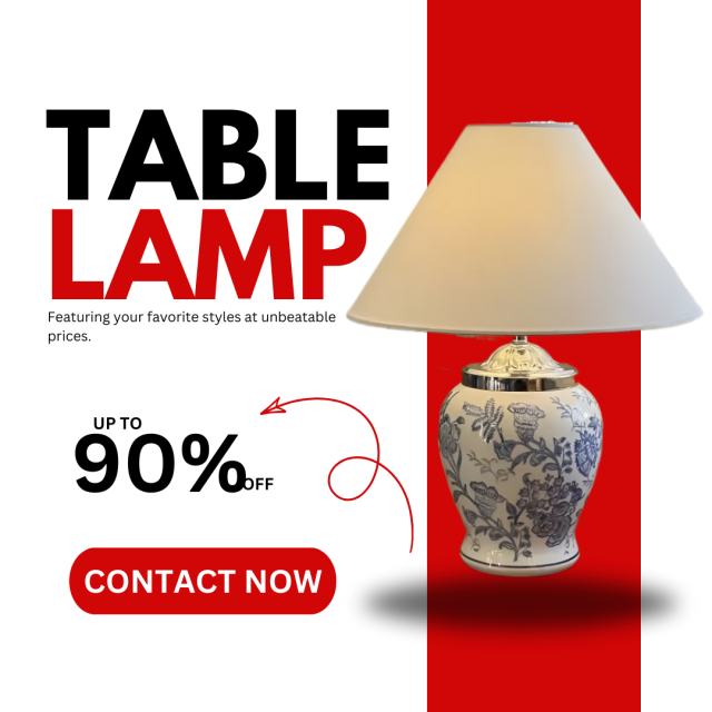 Baiyeco (Porcelain Heritage) Table Lamp - Blue-and-White Ceramic Base Iron Arm Fabric Shade Universal Plug