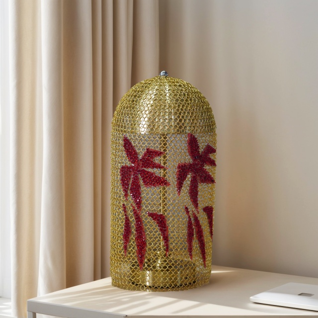 Baiyeco (Artisan Collection) Table Lamp - Handcrafted Stainless Steel Mesh with Diamond Inlays Fabric Shade SMD LED USB-C Rechargeable