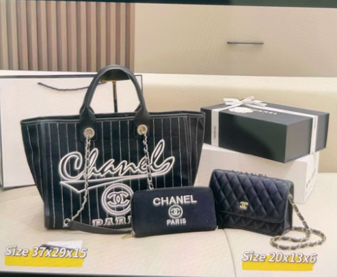 Chanel black canvas tote bag set