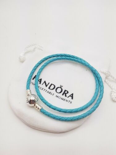 sterling silver pandora l.blue double wrap leather bracelet 38cm