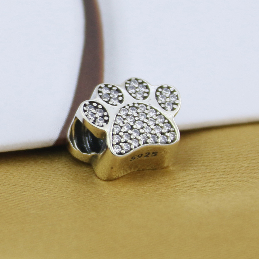 925 Silver Sterling Crystal Pave Paw Charm Pet Dog animal