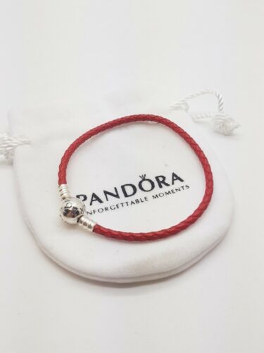 PANDORA Sterling Silver red LEATHER CHARM BRACELET 16-21 cm