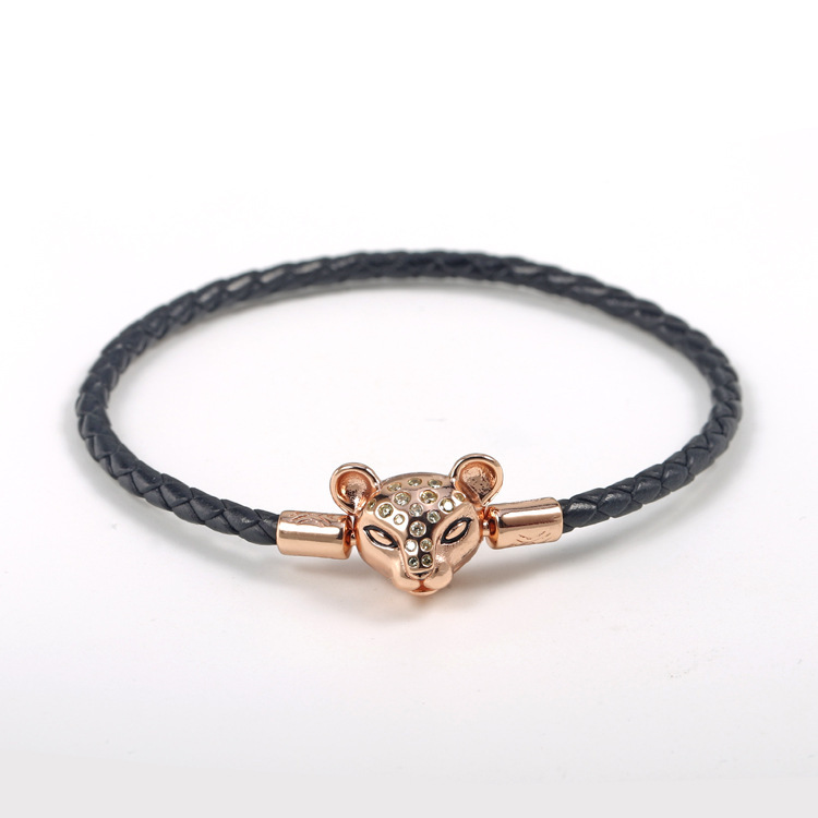 Pandora Sparkling Lion Princess Woven Black Leather Bracelet S925 ALE