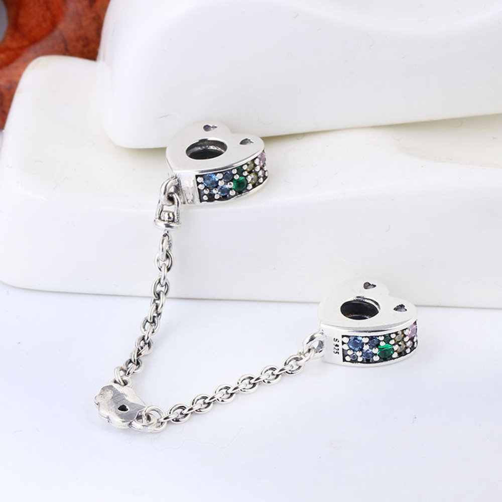 PANDORA S925 silver signed safety chain screw thread zirconia heart charm