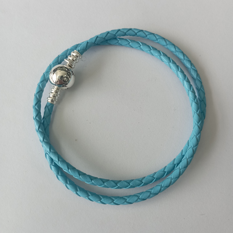 sterling silver pandora l.blue double wrap leather bracelet 38cm