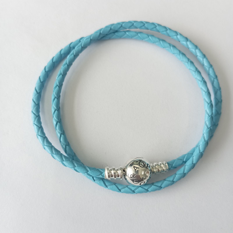 sterling silver pandora l.blue double wrap leather bracelet 38cm