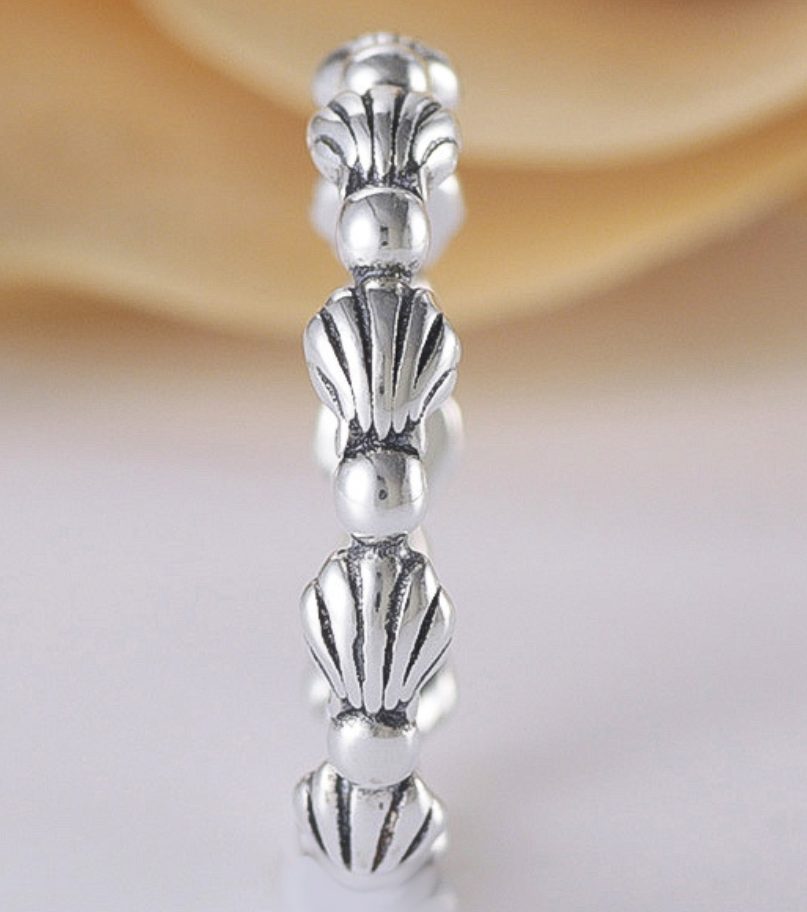 silver pandora beaded seashell band ring