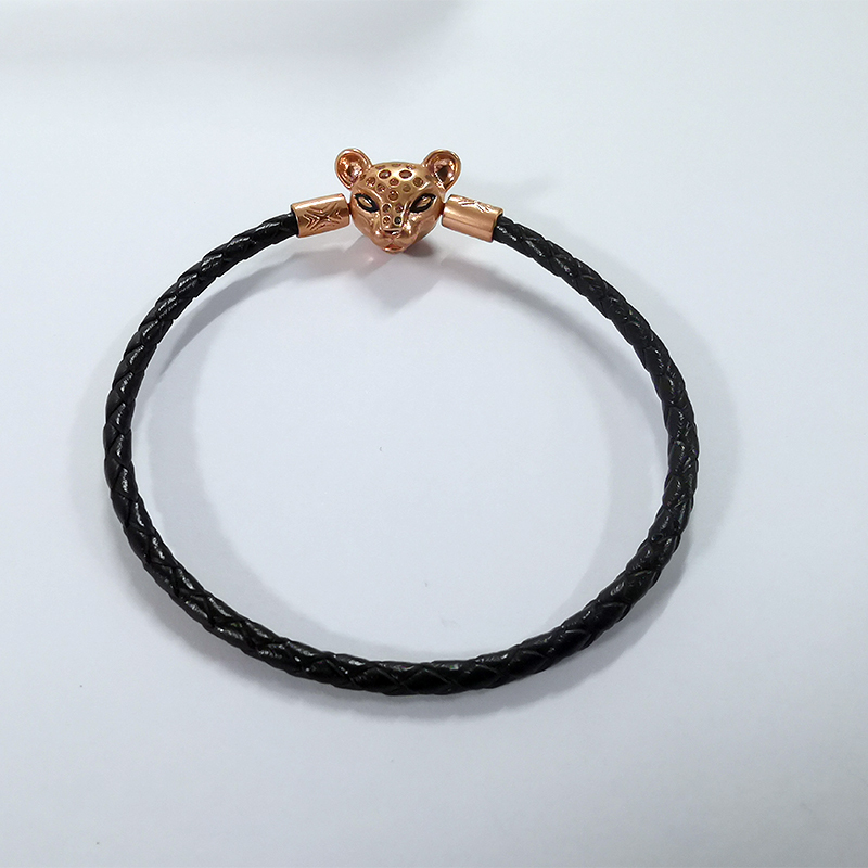 Pandora Sparkling Lion Princess Woven Black Leather Bracelet S925 ALE
