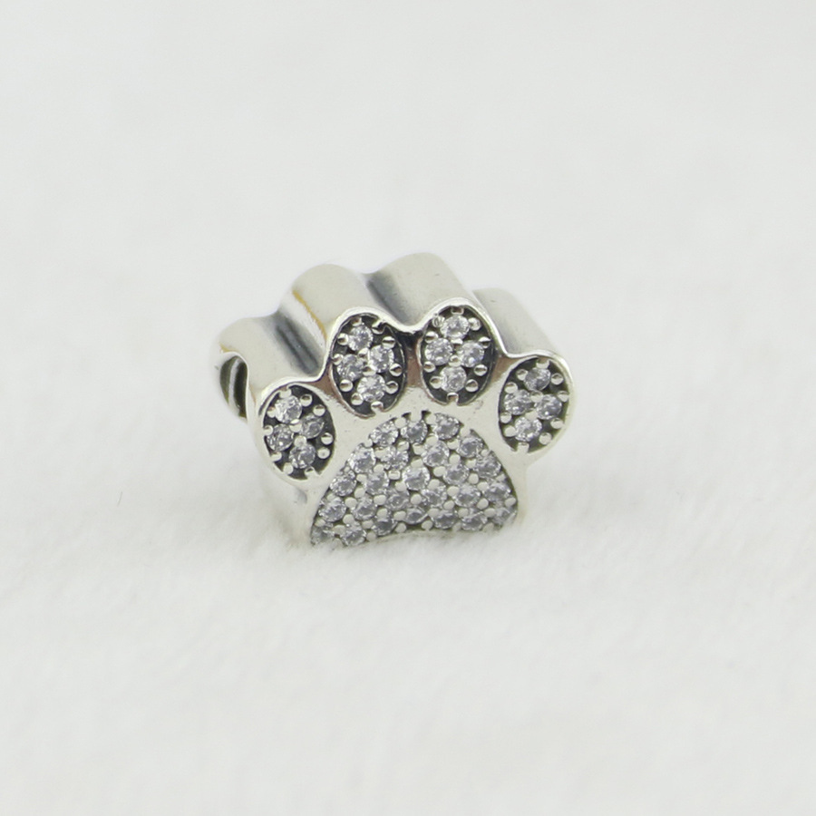 925 Silver Sterling Crystal Pave Paw Charm Pet Dog animal