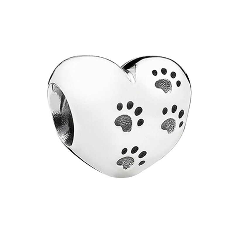 Dog Paw Prints' Heart Charm Bracelet Bead S925