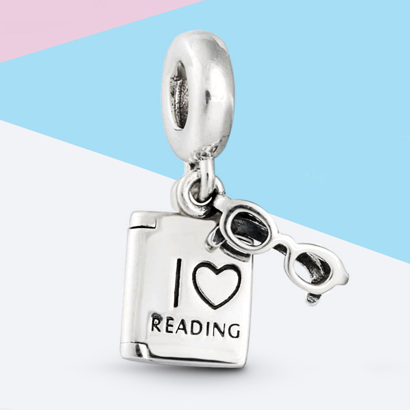 Love Reading Book, Glasses Pendant S925 Bracelet Charm dangle