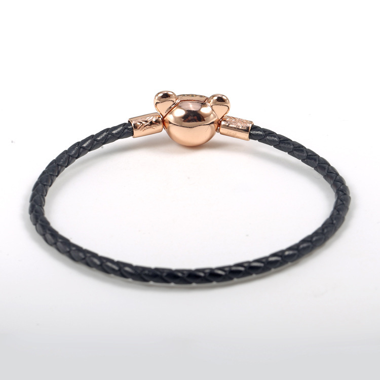 Pandora Sparkling Lion Princess Woven Black Leather Bracelet S925 ALE