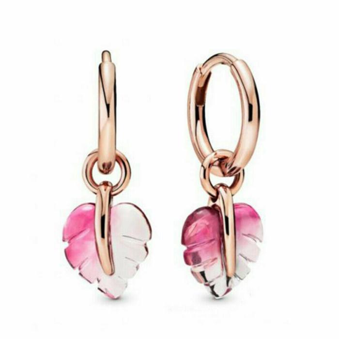 pandora rose pink murano glass leaf hoop earrings