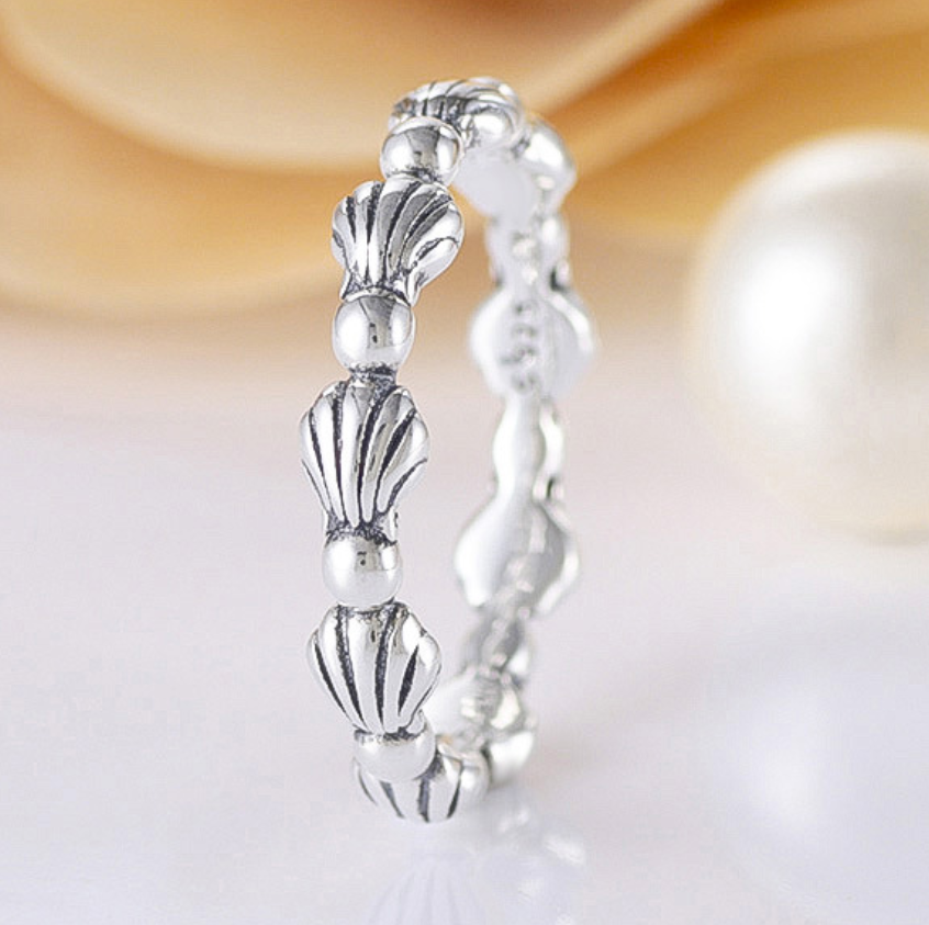 silver pandora beaded seashell band ring