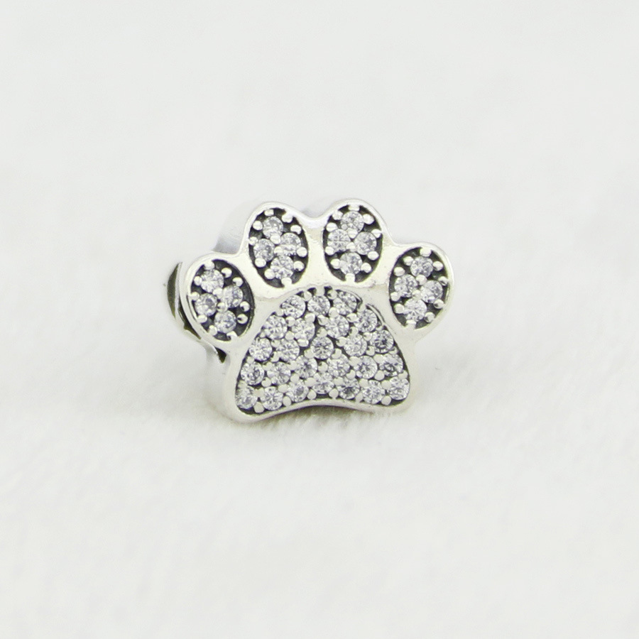 925 Silver Sterling Crystal Pave Paw Charm Pet Dog animal