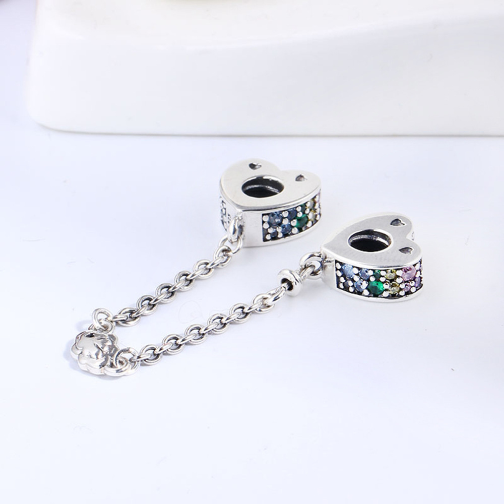 PANDORA S925 silver signed safety chain screw thread zirconia heart charm