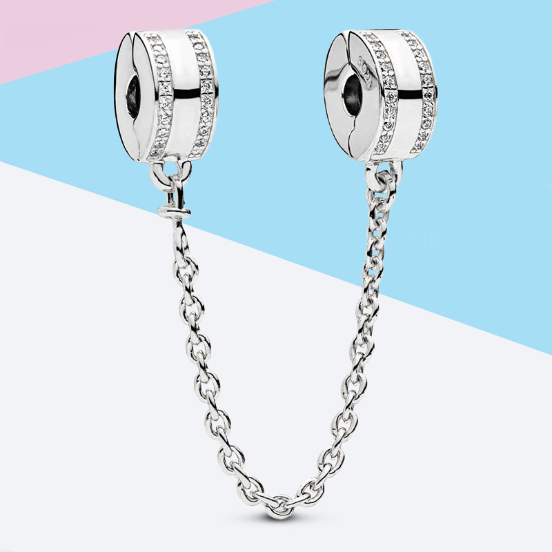 new silver cz pandora logo sparkling safety chain