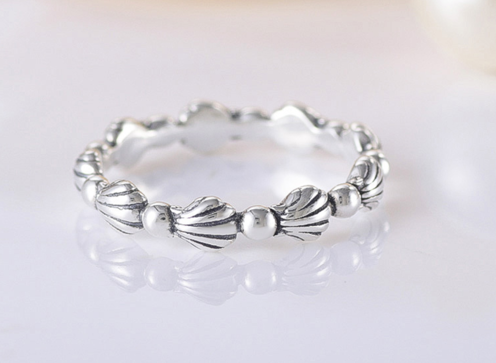 silver pandora beaded seashell band ring