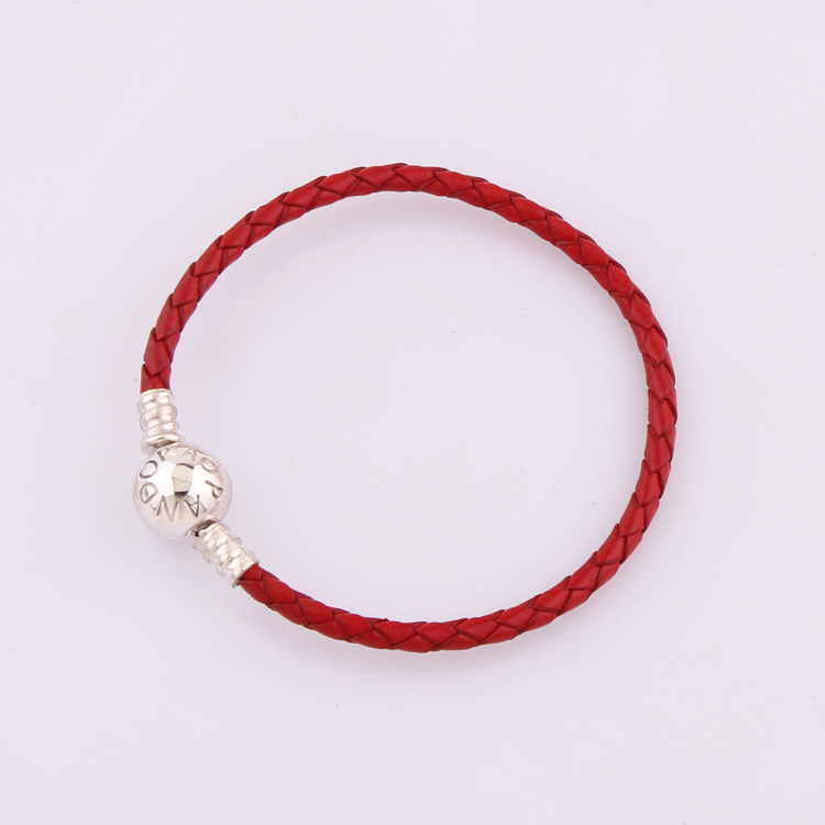 PANDORA Sterling Silver red LEATHER CHARM BRACELET 16-21 cm