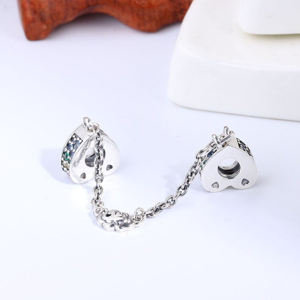 PANDORA S925 silver signed safety chain screw thread zirconia heart charm
