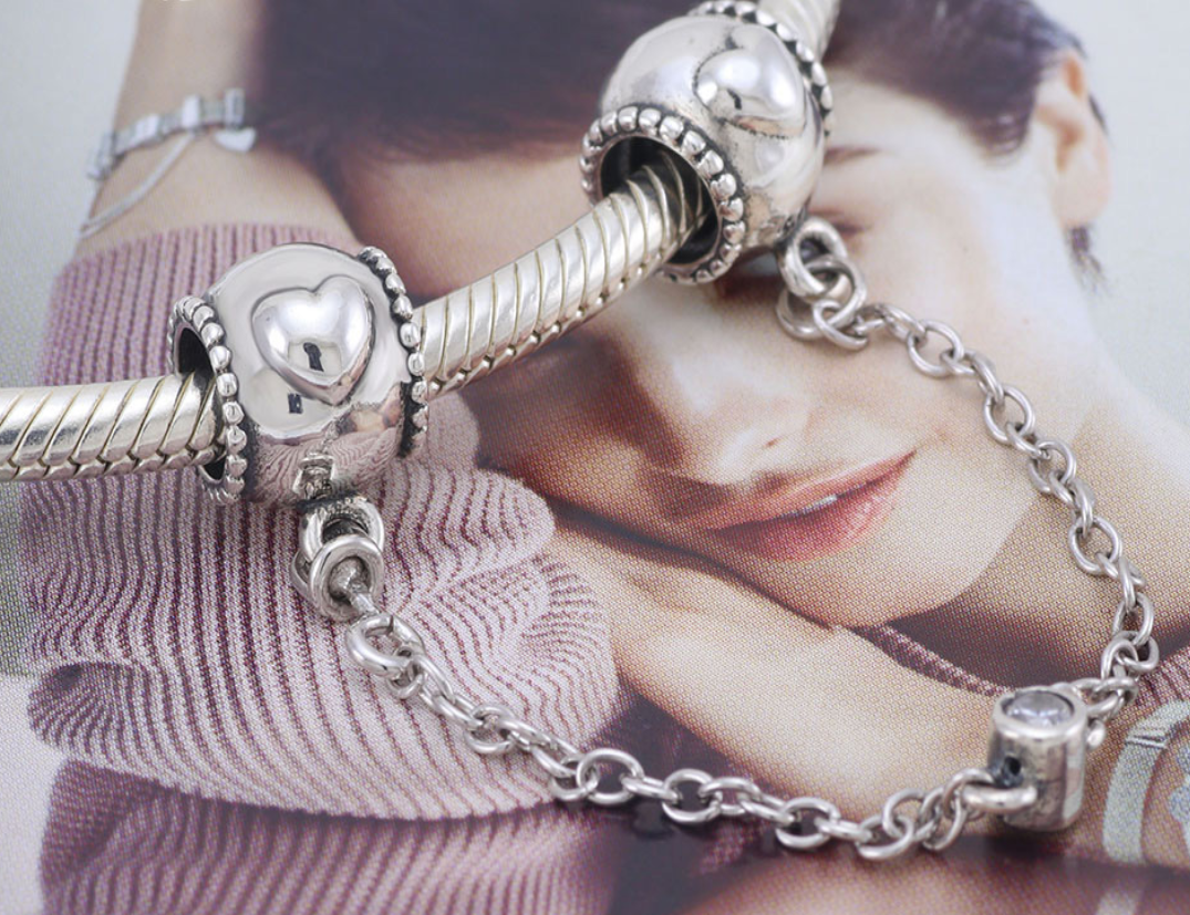 pandora silver ale 925 embossed hearts safety chain charm