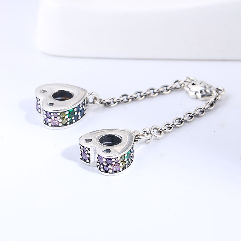 PANDORA S925 silver signed safety chain screw thread zirconia heart charm
