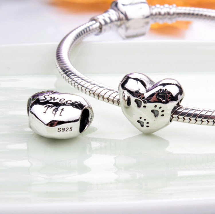 Dog Paw Prints' Heart Charm Bracelet Bead S925