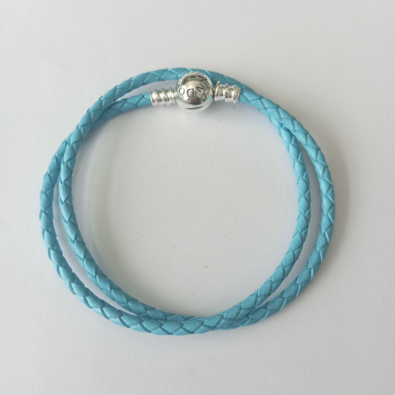 sterling silver pandora l.blue double wrap leather bracelet 38cm