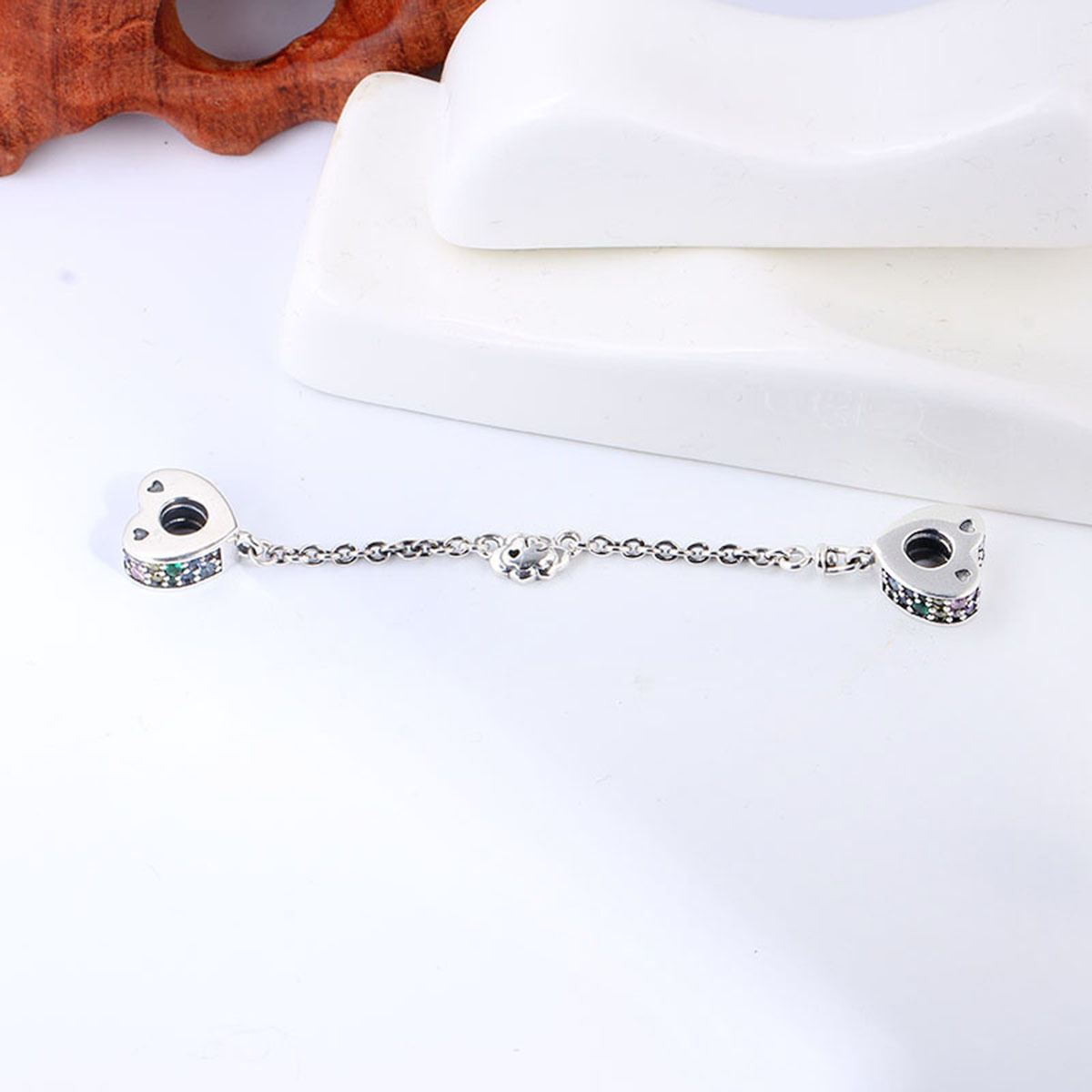 PANDORA S925 silver signed safety chain screw thread zirconia heart charm