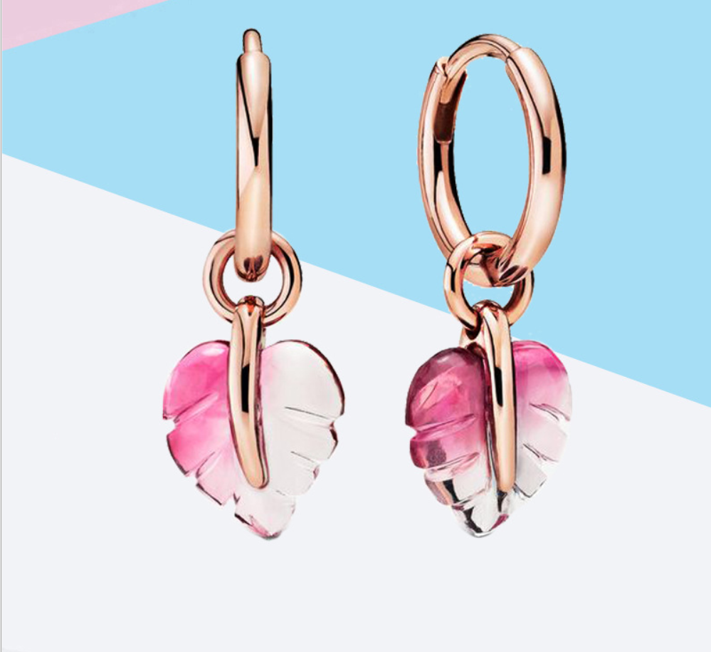 pandora rose pink murano glass leaf hoop earrings