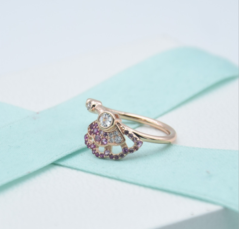 925 sterling silver rose plated sparkling pink fan ring clear pink cz