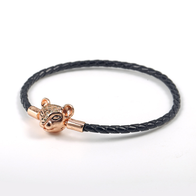 Pandora Sparkling Lion Princess Woven Black Leather Bracelet S925 ALE